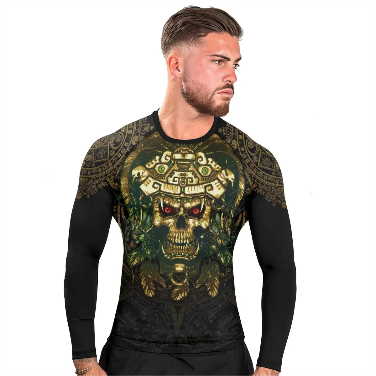 Aztec Jungle Warrior Mask Men's Long Sleeve Rash Guard