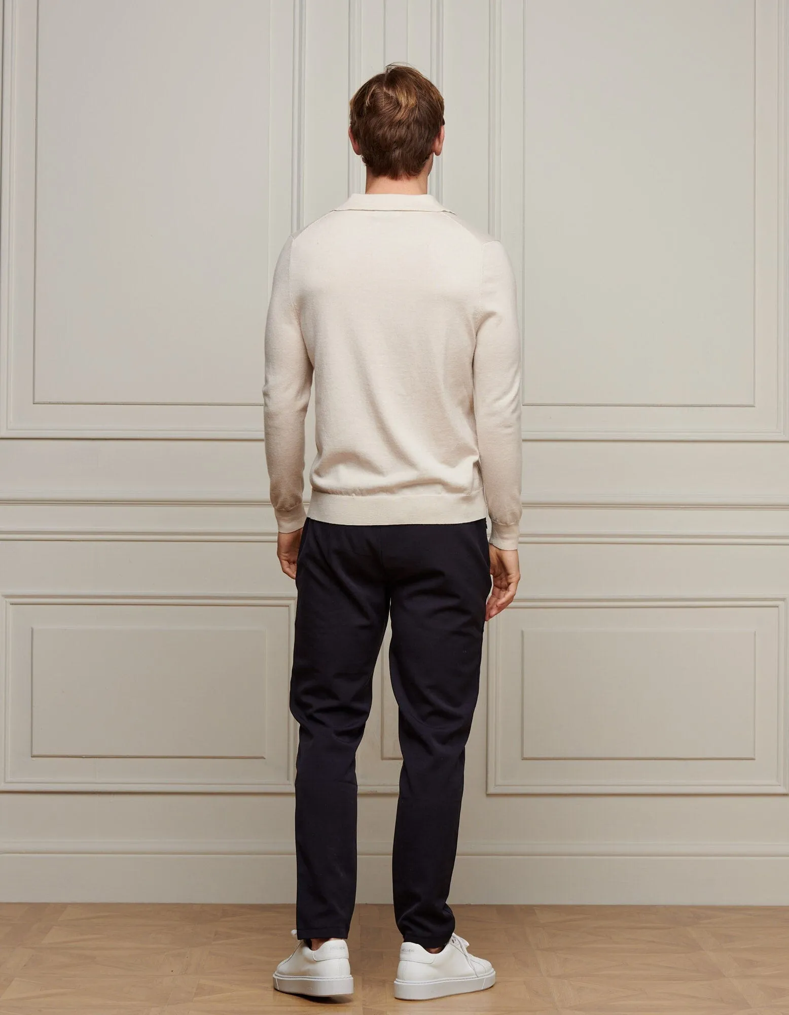 Beige L/S Merino Open Collar Polo
