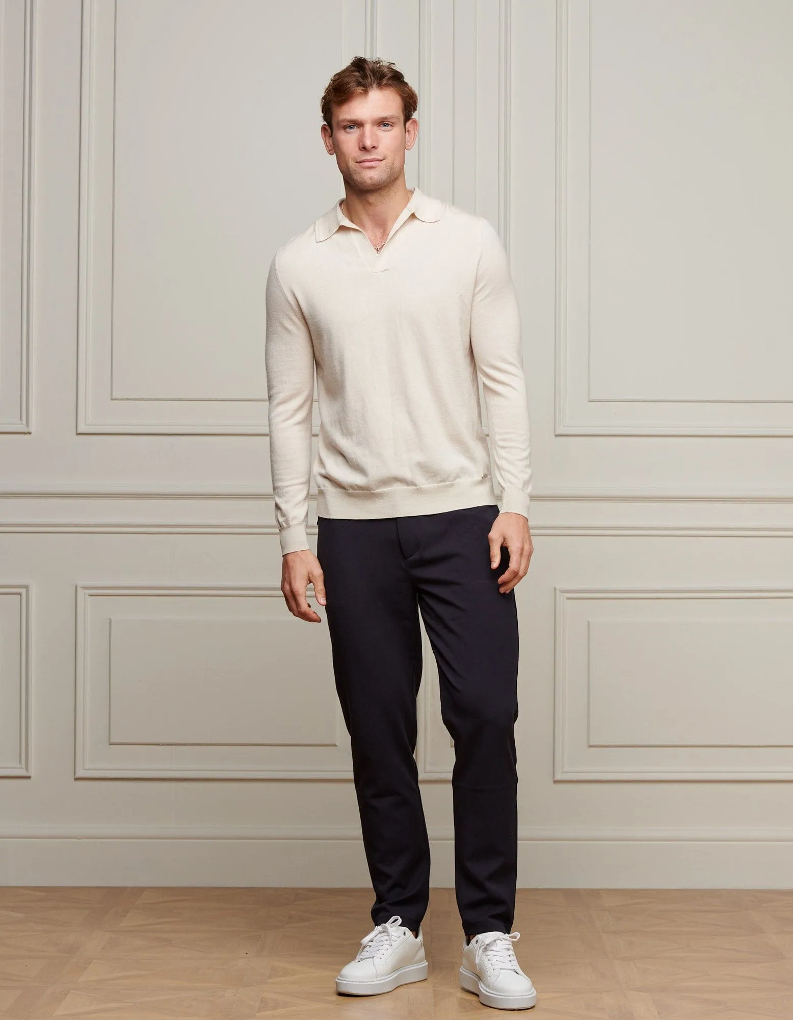 Beige L/S Merino Open Collar Polo