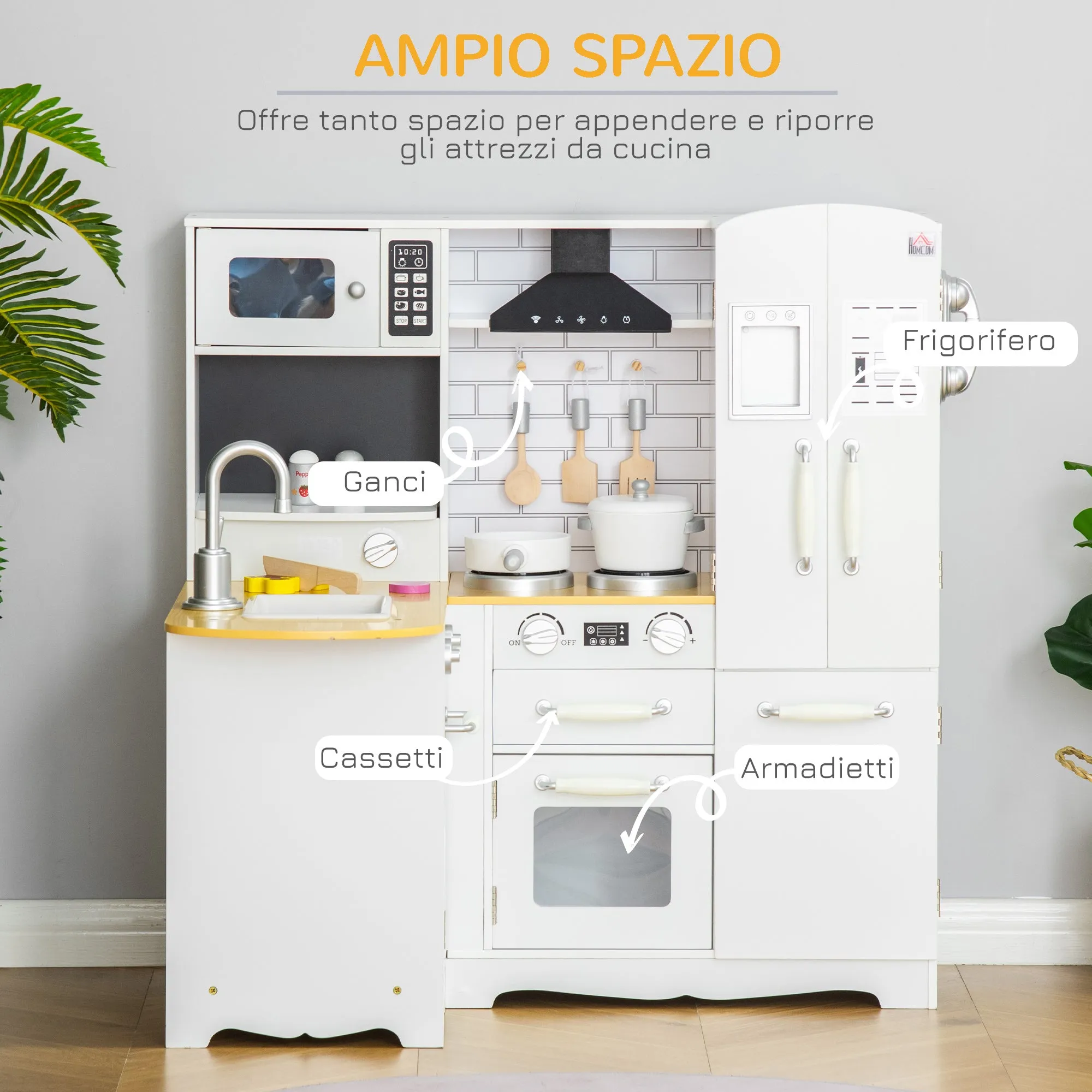 Easycomfort Cucina Giocattolo in Legno per Bambini 3-6 Anni con 14 Accessori, Forno e Lavandino, 82x65x87 cm, Bianco