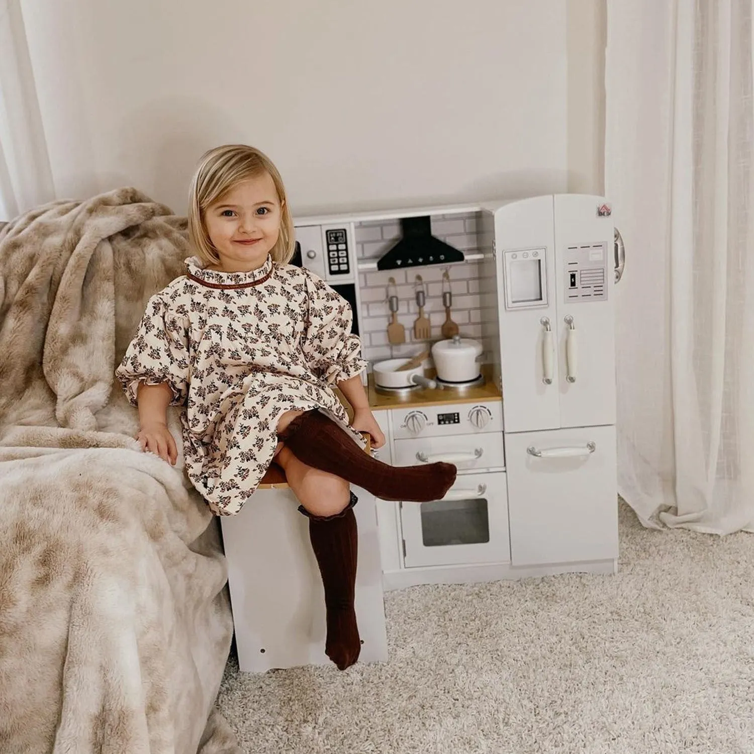 Easycomfort Cucina Giocattolo in Legno per Bambini 3-6 Anni con 14 Accessori, Forno e Lavandino, 82x65x87 cm, Bianco