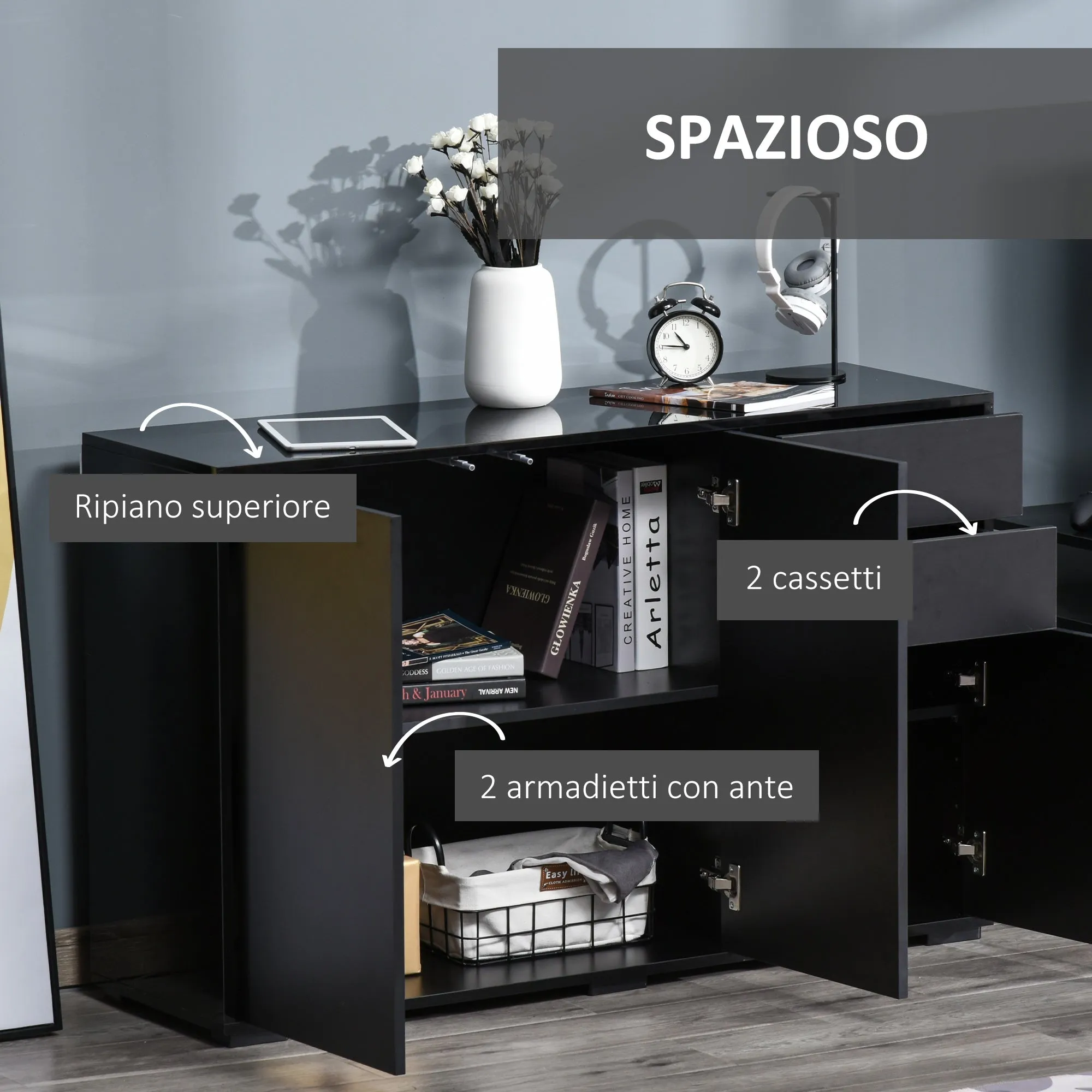 Easycomfort Mobiletto Multiuso Nero con 2 Cassetti e 2 Armadietti ad Apertura a Pressione, 117x36x74cm