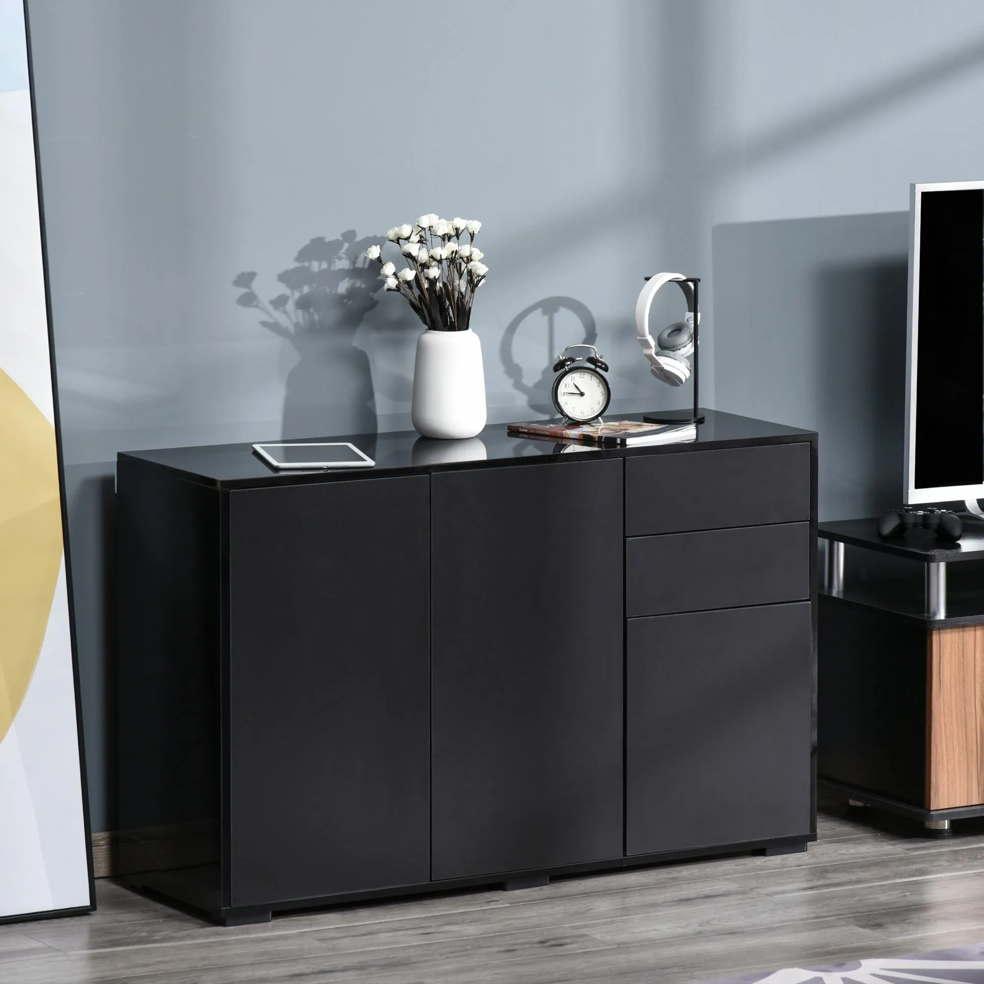 Easycomfort Mobiletto Multiuso Nero con 2 Cassetti e 2 Armadietti ad Apertura a Pressione, 117x36x74cm