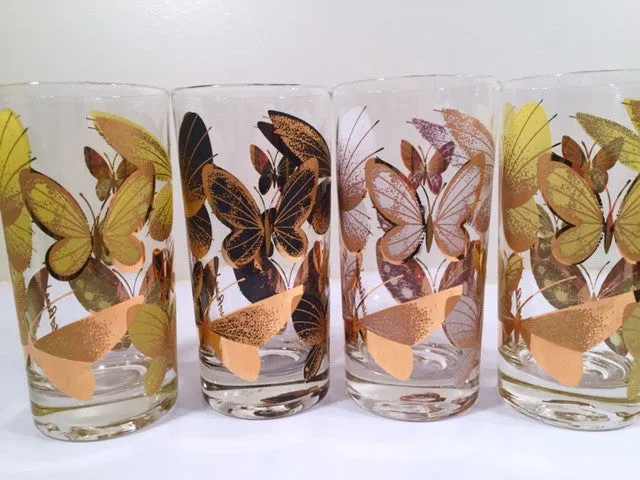 Fred Press Signed Mid-Century Butterfly Glasses (Set of 4)