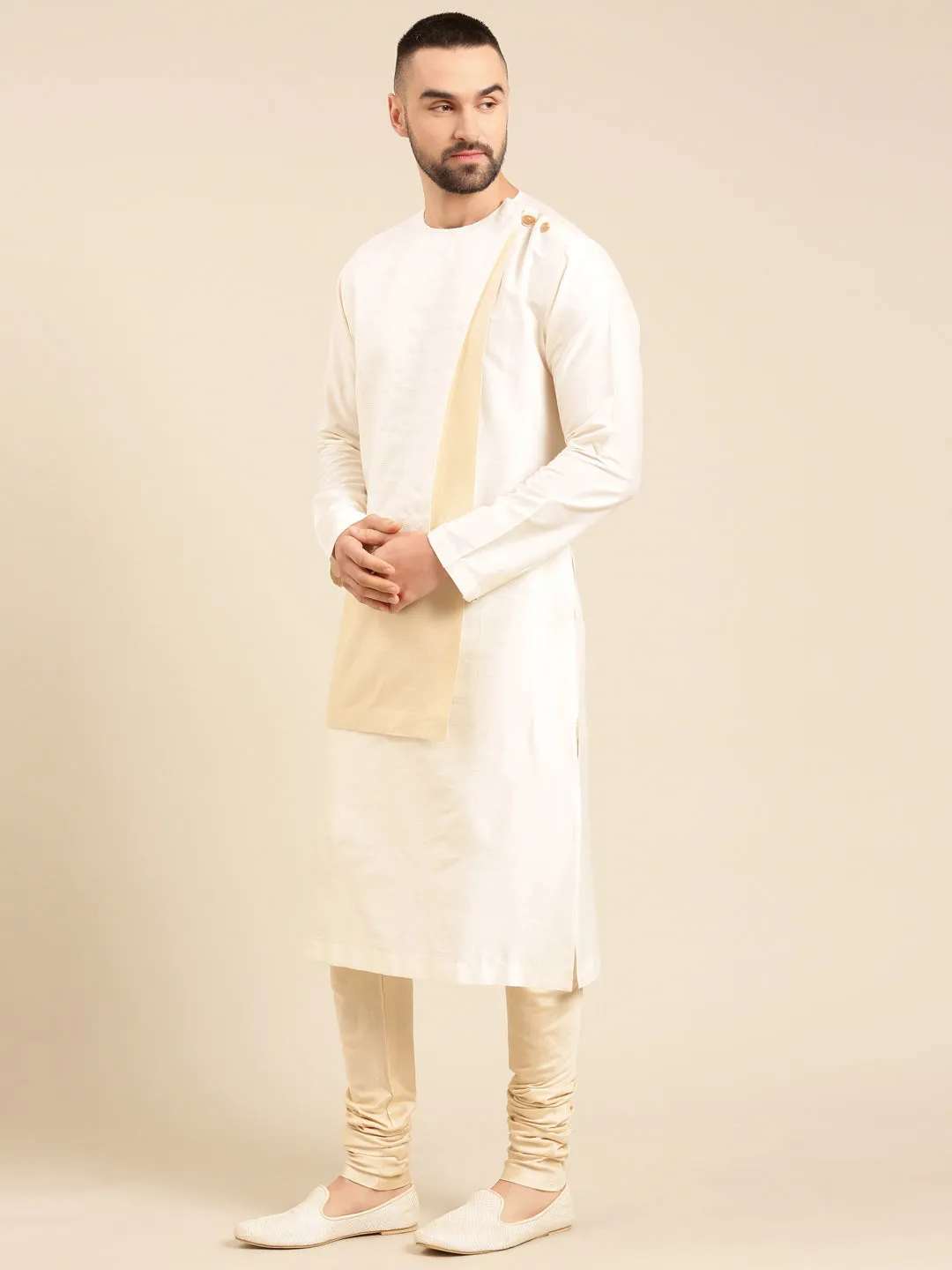 Ivory Beige Silk Jacquard Kurta Set - MMK0597