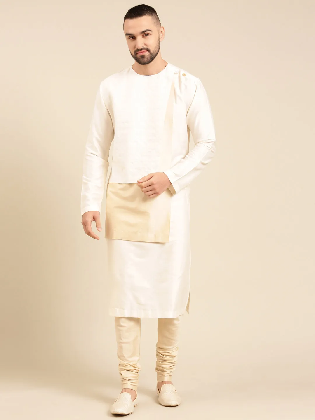 Ivory Beige Silk Jacquard Kurta Set - MMK0597