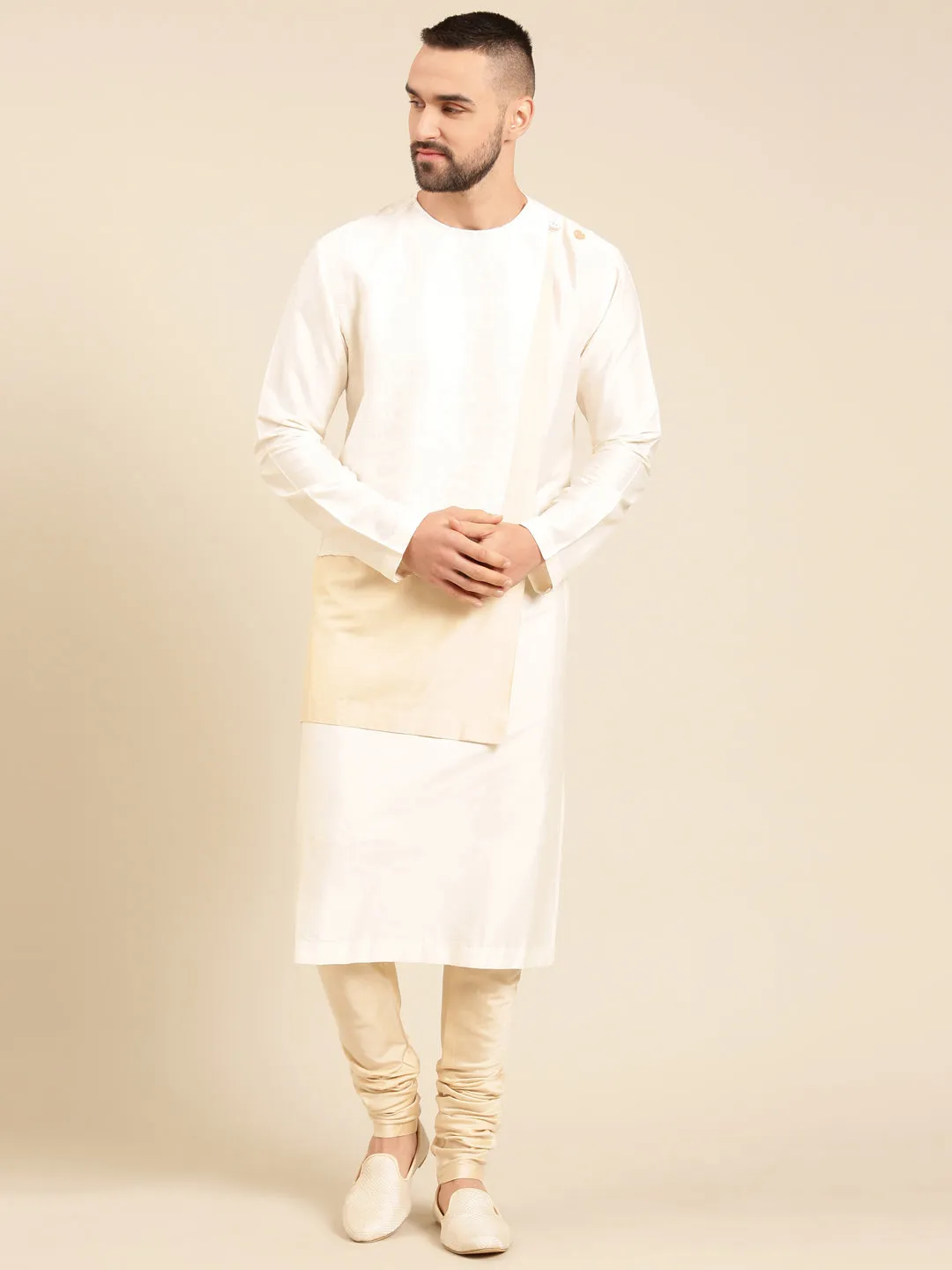 Ivory Beige Silk Jacquard Kurta Set - MMK0597