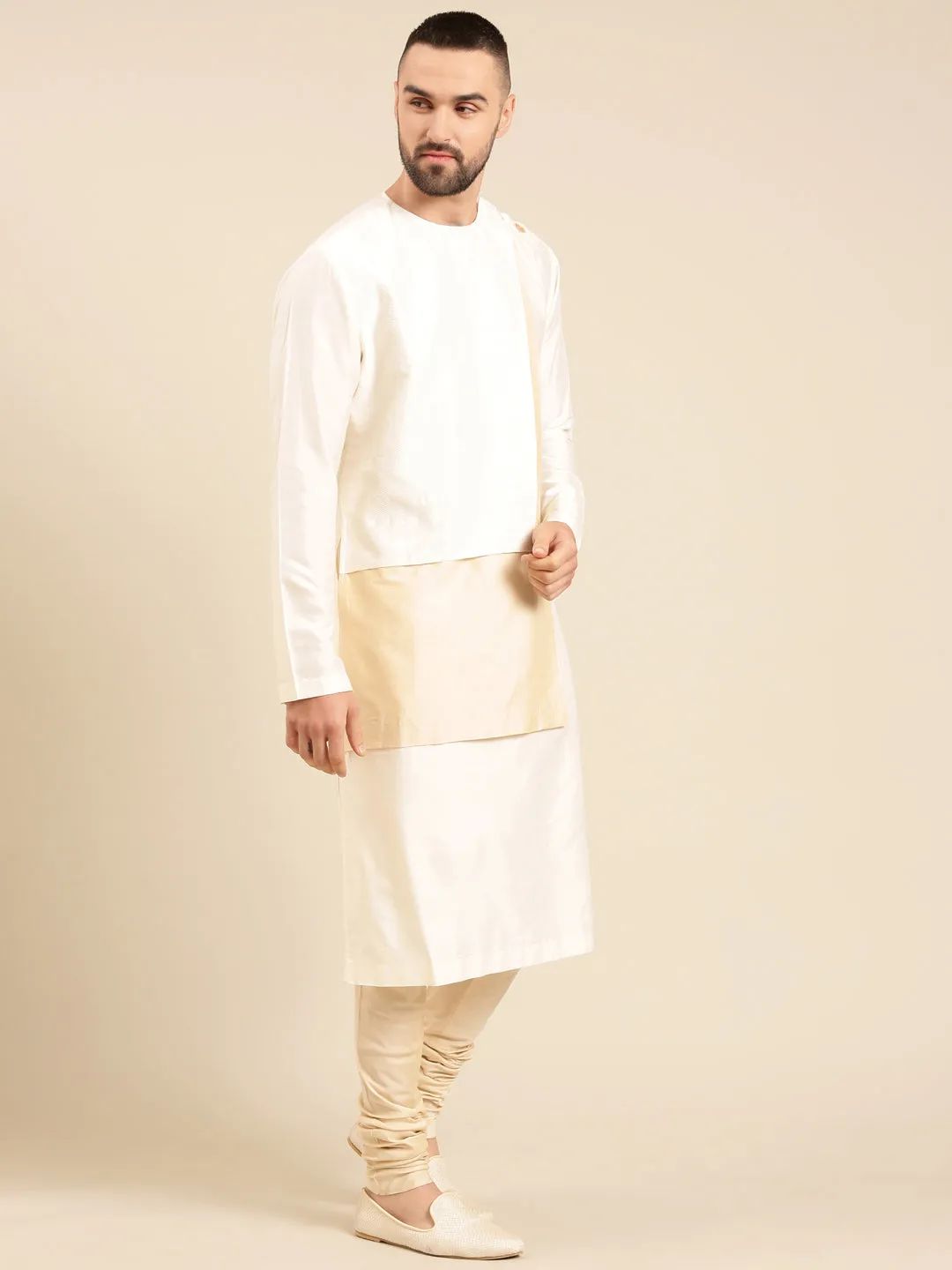 Ivory Beige Silk Jacquard Kurta Set - MMK0597