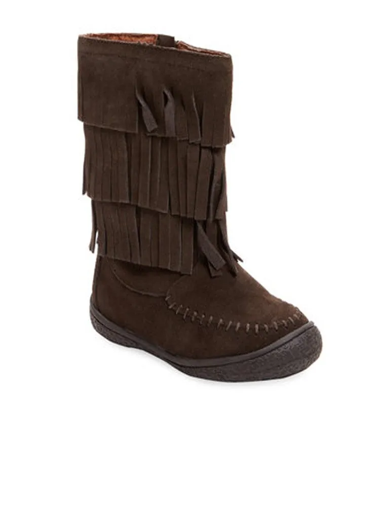 Little Girls Brown Tiered Fringed Suede Leather Mid Boots 7-10 Toddler