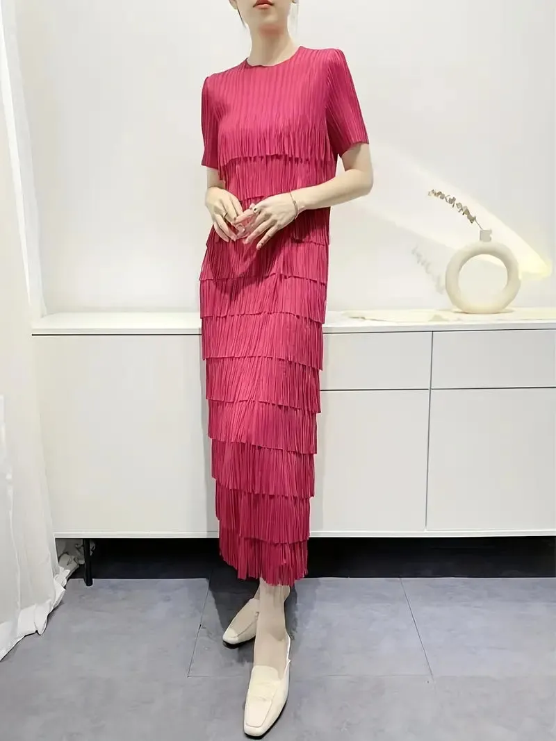 Pink  Crew Neck Short Sleeve Maxi Fringe Dress