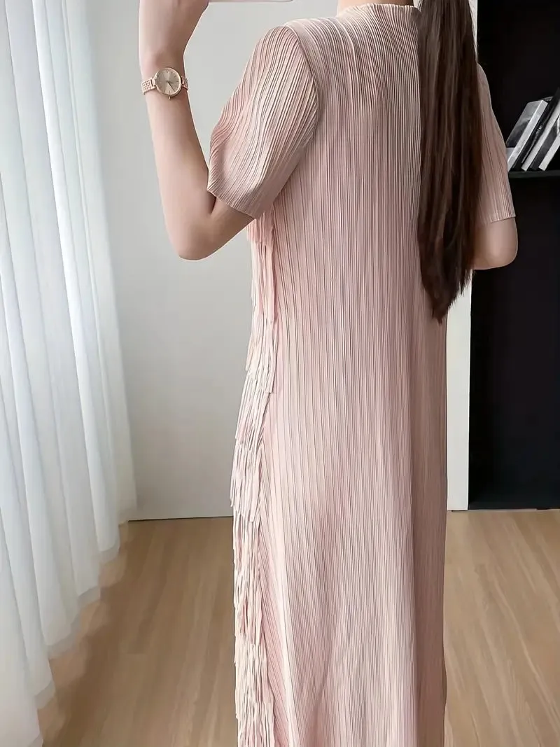 Pink  Crew Neck Short Sleeve Maxi Fringe Dress