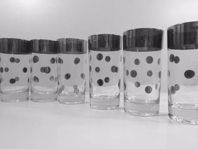 Vitreon Queens Luster Mid-Century Silver Polka Dot Platinum Glasses (Set of 6)
