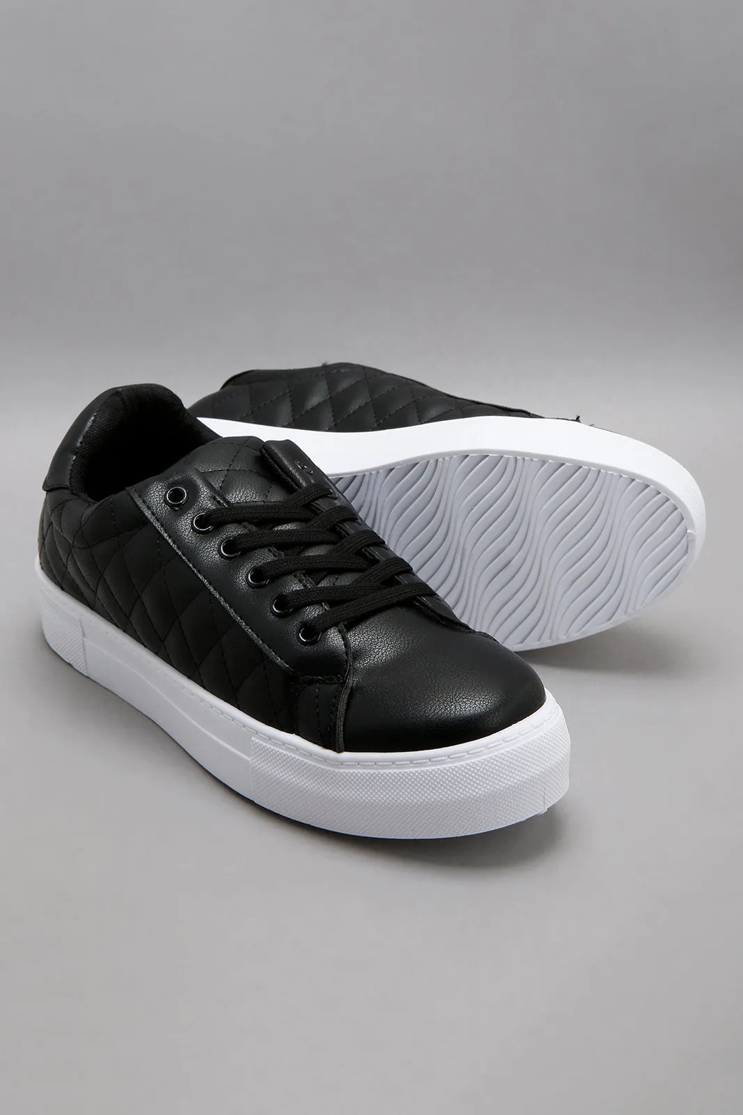 Wider Fit Black Quilt & Textured Lace Up Sneaker