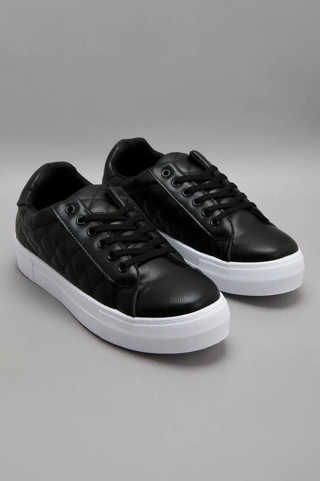 Wider Fit Black Quilt & Textured Lace Up Sneaker