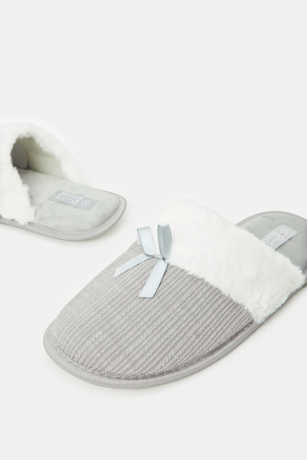 Women Grey Fur Trim Slippers
