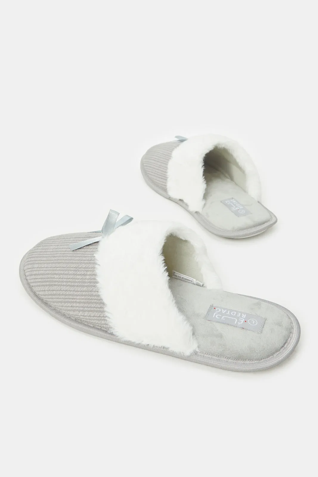 Women Grey Fur Trim Slippers